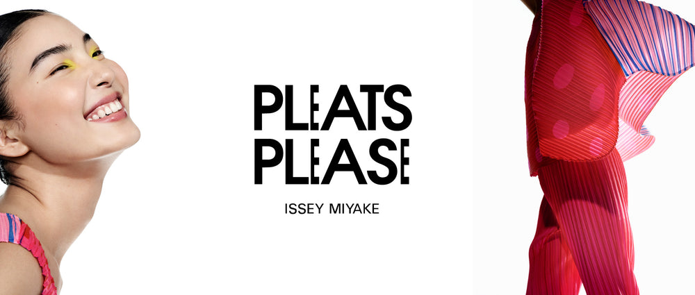 Left: Closeup of model's smiling face, the neckline of the VEGE MIX 1 top in pink and red is visible. Middle: PLEATS PLEASE ISSEY MIYAKE logo in black on white background. Right: Model wearing VEGE MIX 1 top and trousers in red and pink mid-leap, shot from knees up to shoulders.