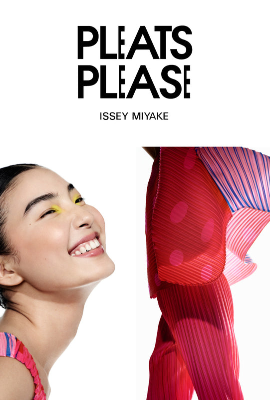 Bottom Left: Close-up of model's smiling face, the neckline of the VEGE MIX 1 top in pink and red is visible. Top: PLEATS PLEASE ISSEY MIYAKE logo in black on white background. Bottom Right: Model wearing VEGE MIX 1 top and trousers in red and pink mid-leap, shot from knees up to shoulders.