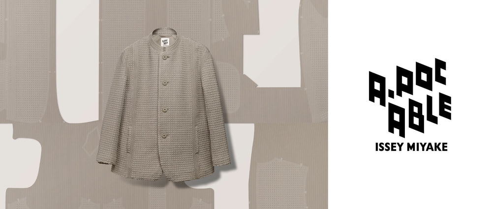 Left: TYPE-O 014 Jacket in Greige, hovering over fabric patterns of the same design laid out flat on a beige background. Right: A-POC ABLE ISSEY MIYAKE logo in black on a white background.
