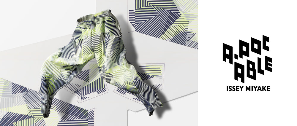 Left: Printed trousers in blue lime green and white stripes leaping across a background featuring the same print. Right: A-POC ABLE ISSEY MIYAKE logo in black on a white background.