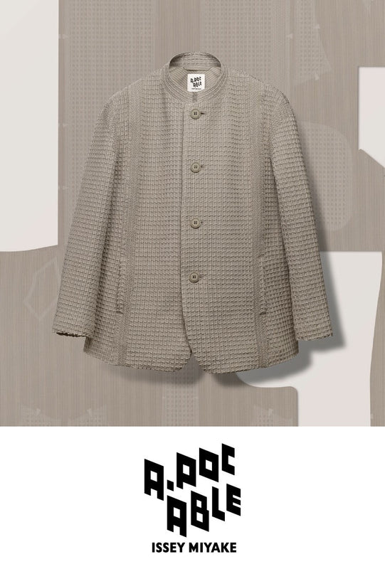 Top: TYPE-O 014 Jacket in Greige, hovering over fabric patterns of the same design laid out flat on a beige background. Bottom: A-POC ABLE ISSEY MIYAKE logo in black on a white background.