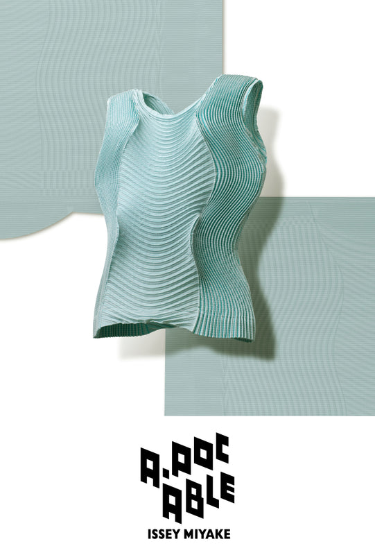 Top: Mint green sleeveless top. Bottom: A-POC ABLE ISSEY MIYAKE logo in black on white background.