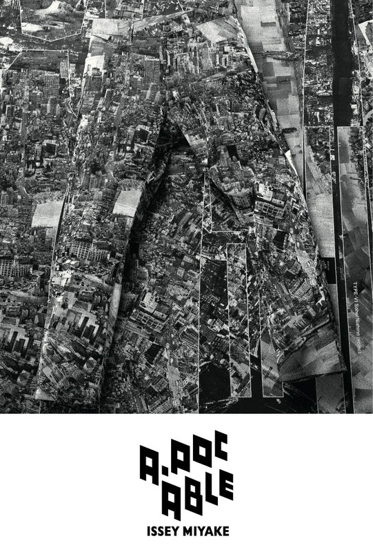 Top: Greyscale print of New York, trousers in the same print laying ontop. Bottom: A-POC ABLE ISSEY MIYAKE logo in black on a white background. 