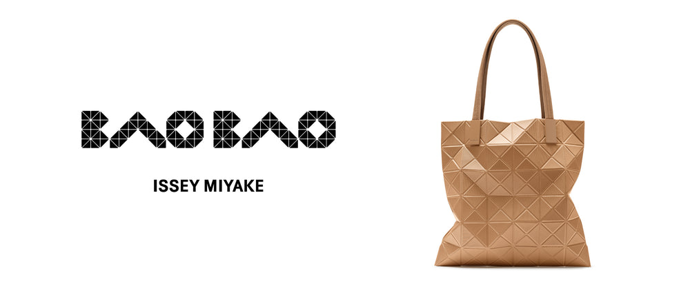 Right: Beige tote bag, white background. Left: BAO BAO ISSEY MIYAKE logo in black.