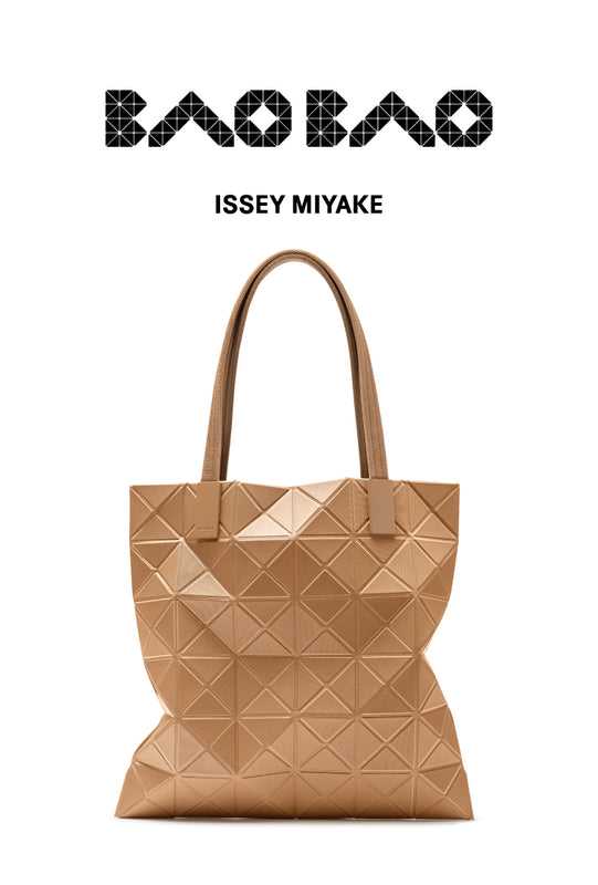 Beige tote bag, white background. Top: BAO BAO ISSEY MIYAKE logo in black.