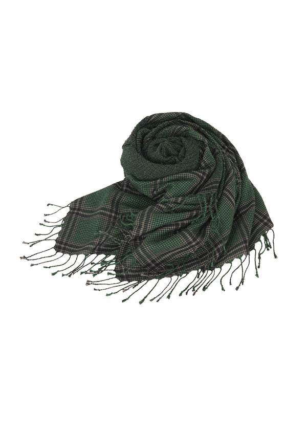 A product shot of the HAAT CRAPE TARTAN STOLE stole in green (62).