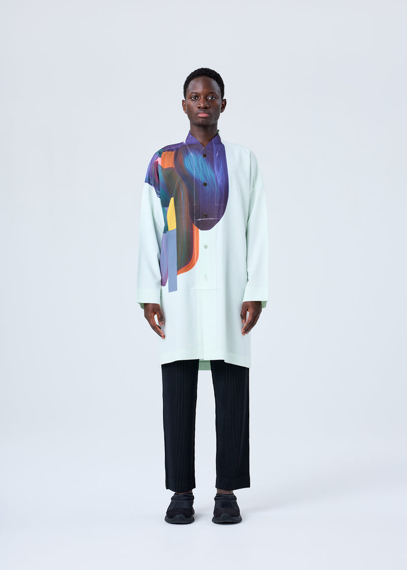 A model wears the HOMME PLISSÉ ISSEY MIYAKE RB_DRAWING PRESS SHIRT 2 shirt