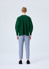 A model wears the HOMME PLISSÉ ISSEY MIYAKE MC AUGUST trousers