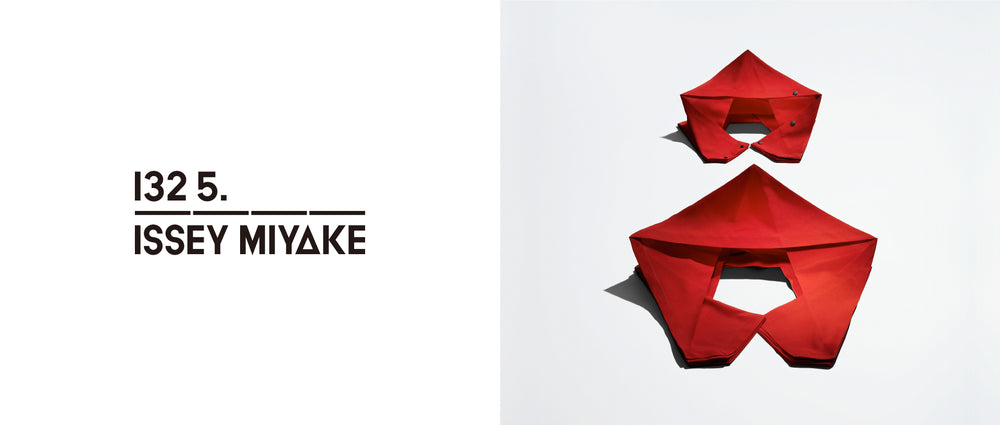 Left: 132 5. ISSEY MIYAKE logo in black on white background. Right: NO.4 garments in Red folded flat forming a pentagon-like shape. Light grey background.