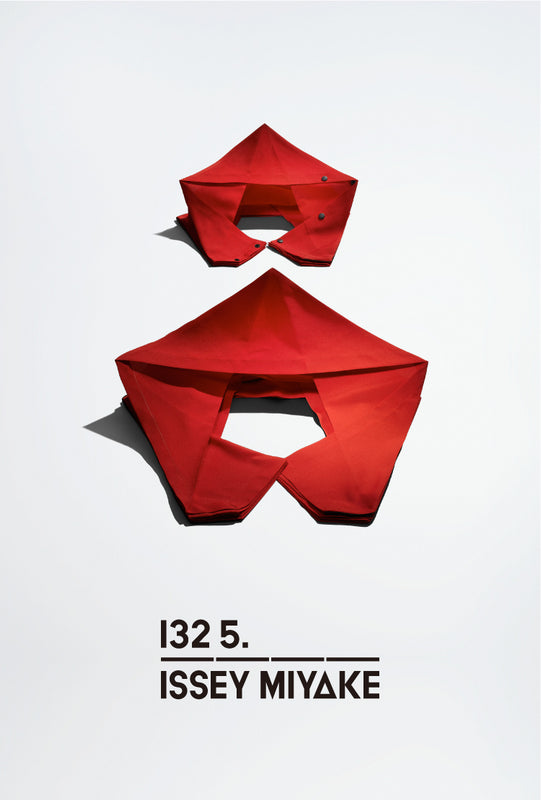 Top: NO.4 garments in Red folded flat forming a pentagon-like shape. Bottom: 132 5. ISSEY MIYAKE logo in black on white background. Light grey background.