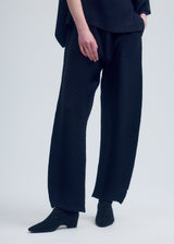 A model wears the ISSEY MIYAKE VIGOR PLEATS SOLID trousers.