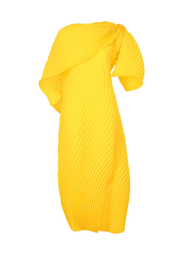 A product shot of the ISSEY MIYAKE  WRAPPED PLEATS dress in patrinia yellow (58)