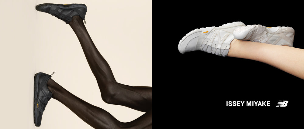 Left: Legs wearing black sneakers, posing against a light yellow background. Right: Legs wearing white sneakers, posing against a black background. Bottom right corner: ISSEY MIYAKE and New Balance logos in white.