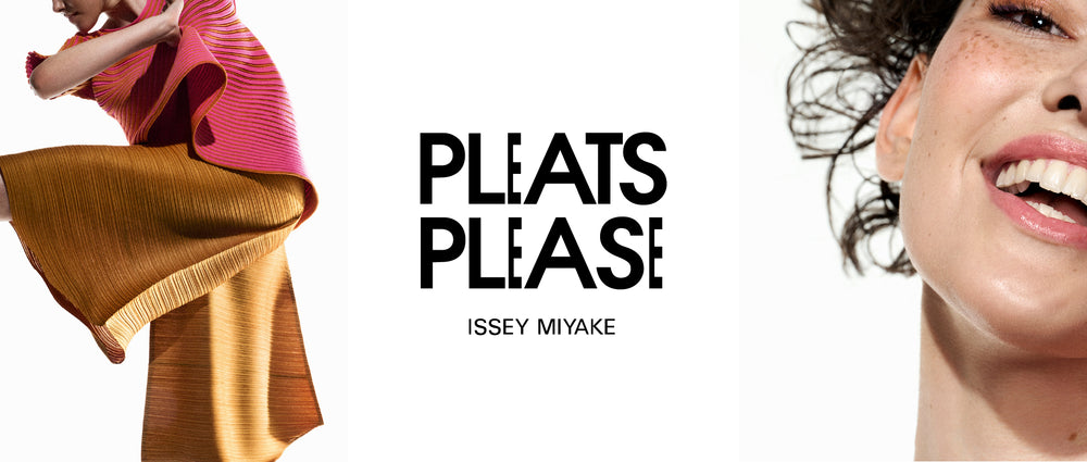 Left: Model wearing THICKER BOUNCE horizontally pleated trousers in ochre paired with BOUNCE KNIT top in pink and orange. Shot ankles to cheek from the side, left leg kicking. White background. Centre: PLEATS PLEASE ISSEY MIYAKE logo in black on white background. Right: Close-up of model's smiling face. Shot from neck to eyebrow, only half of the face showing. White background.