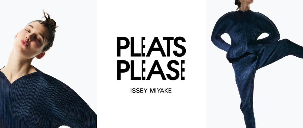 Left: Model wearing navy blue top with curved V-neckline and long sleeves, posing with hands on hips, head tilted to the left and puckered lips. Off white background. Centre: PLEATS PLEASE ISSEY MIYAKE logo in black on white background. Right: Model wearing navy blue top and trousers, hands on hips and left leg stretched out to the side. Off white background.