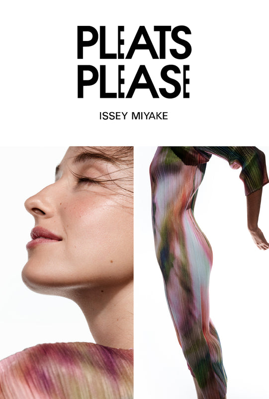 Model wearing dress with SPINACH & TURNIP print in pink, green, red, light blue and light purple. Bottom left: Close-up of model's face in profile shot from shoulder to forehead. Top: PLEATS PLEASE ISSEY MIYAKE logo in black on white background. Bottom right: Model jumping, shot from ankle to shoulder.