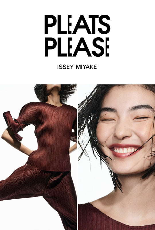 Model wearing mid-length sleeved top and cropped trousers in chocolate brown from CANDY. Bottom Left: Model leaping. Top: PLEATS PLEASE ISSEY MIYAKE logo in black on white background. Bottom Right: Closeup of model smiling, shot from shoulders up.