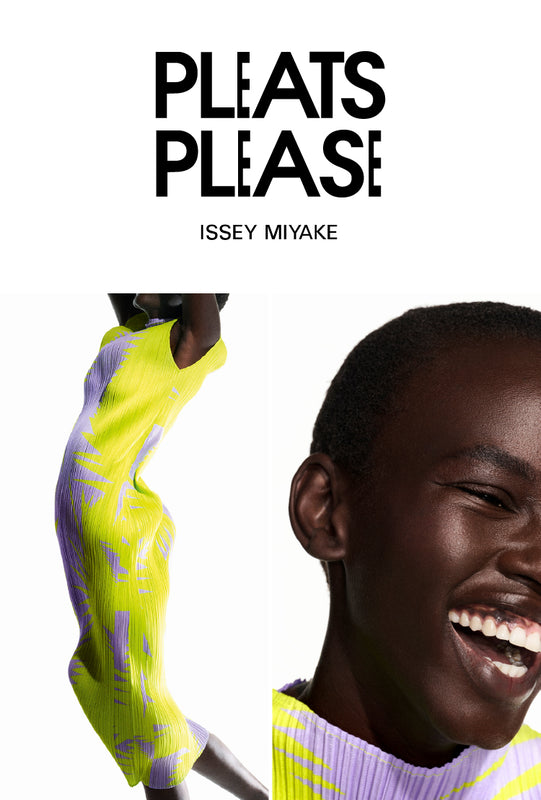 Bottom left: Model wearing PIQUANT print dress in purple and lime green leaping into the air, shot from ankles up to shoulders. White background. Top: PLEATS PLEASE ISSEY MIYAKE logo in black on white background. Bottom right: Closeup of models smiling face, a bit of their shoulders can be seen, wearing the PIQUANT print dress. White background.