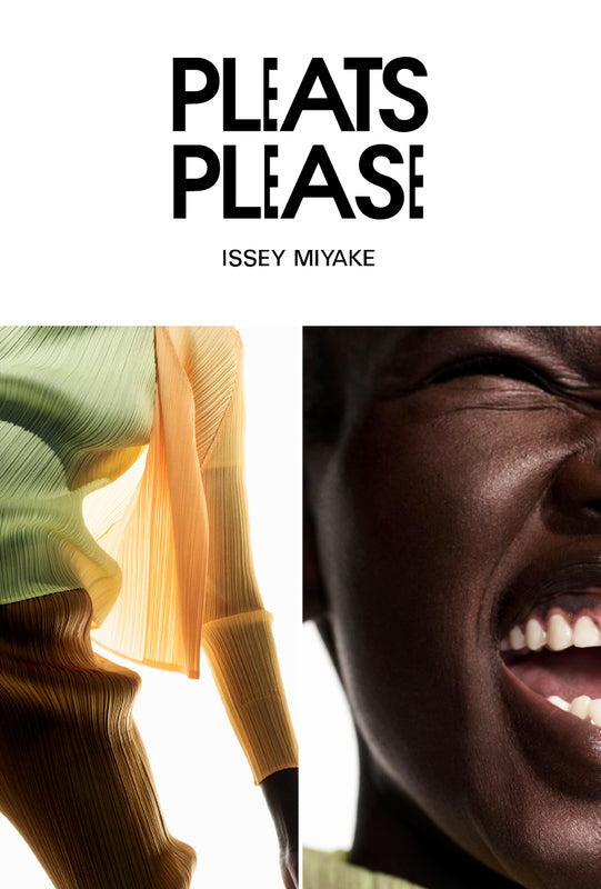 Bottom Left: Model wearing melon orange cardigan and trousers with lime yellow top. Shot from knees to shoulders. Top: PLEATS PLEASE ISSEY MIYAKE logo in black on white background. Bottom Right: Half of model's smiling face up close.