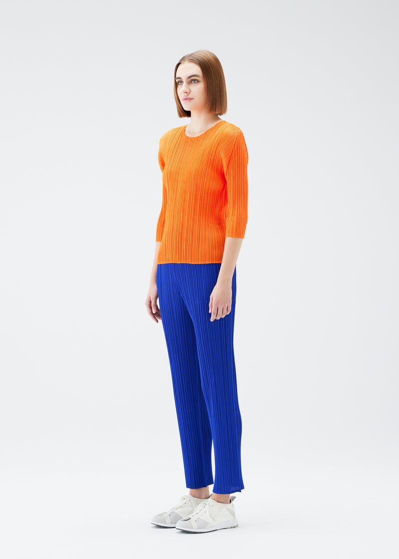 A model wears the PLEATS PLEASE ISSEY MIYAKE  MONTHLY COLORS JULY trousers