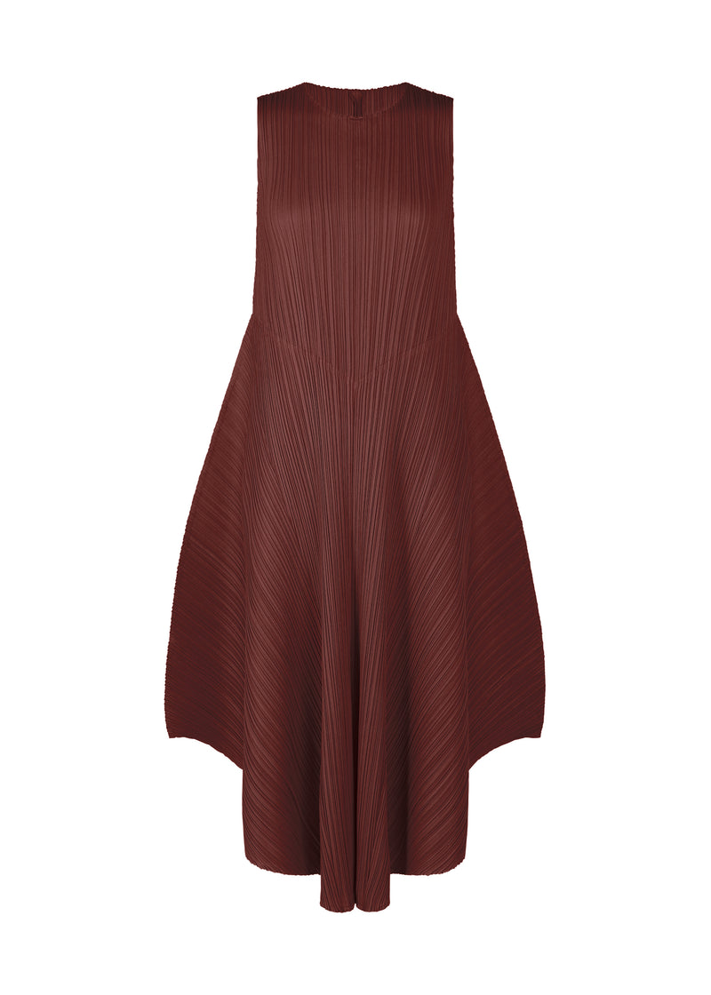 A product shot of the PLEATS PLEASE ISSEY MIYAKE  SOLAR FLARE dress in bordeaux (84)