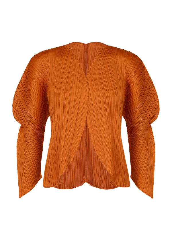 A product shot of the PLEATS PLEASE ISSEY MIYAKE WORMHOLE cardigan in dark orange (33).